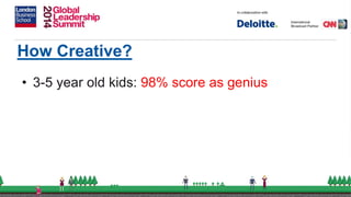 How Creative?
• 3-5 year old kids: 98% score as genius
 
