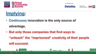 Implying:
• Continuous innovation is the only source of
advantage.
• But only those companies that find ways to
“unleash” the “imprisoned” creativity of their people
will succeed.
 