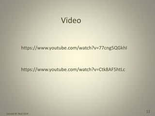 Donald W. Reid 2014
11
Video
https://www.youtube.com/watch?v=77cng5QGkhI
https://www.youtube.com/watch?v=Ctk8AF5htLc
 