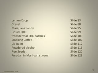 Donald W. Reid 2014
3
Lemon Drop Slide 83
Gravel Slide 88
Marijuana candy Slide 95
Liquid THC Slide 99
transdermal THC patches Slide 103
Smoking Coffee Slide 107
Lip Balm Slide 112
Powdered alcohol Slide 116
Rue Seeds Slide 120
Furadan in Marijuana grows Slide 129
 