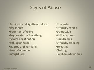 Donald W. Reid 2014
59
•Dizziness and lightheadedness
•Dry mouth
•Retention of urine
•Suppression of breathing
•Severe constipation
•Itching or hives
•Nausea and vomiting
•Loss of appetite
•Weight loss
Signs of Abuse
•Headache
•Difficulty seeing
•Depression
•Hallucinations
•Bad dreams
•Difficulty sleeping
•Sweating
•Shaking
•Swollen extremities
 