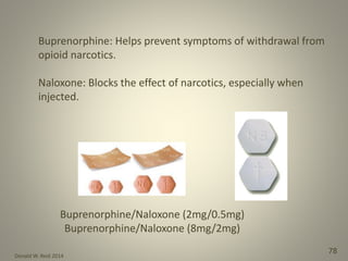 Donald W. Reid 2014
78
Buprenorphine/Naloxone (2mg/0.5mg)
Buprenorphine/Naloxone (8mg/2mg)
Buprenorphine: Helps prevent symptoms of withdrawal from
opioid narcotics.
Naloxone: Blocks the effect of narcotics, especially when
injected.
 