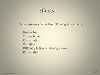Donald W. Reid 2014
80
Suboxone may cause the following side effects:
• Headache
• Stomach pain
• Constipation
• Vomiting
• Difficulty falling or staying asleep
• Perspiration
Effects
 