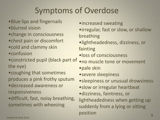 Donald W. Reid 2014
9
Symptoms of Overdose
•increased sweating
•irregular, fast or slow, or shallow
breathing
•lightheadedness, dizziness, or
fainting
•loss of consciousness
•no muscle tone or movement
•pale skin
•severe sleepiness
•sleepiness or unusual drowsiness
•slow or irregular heartbeat
•dizziness, faintness, or
lightheadedness when getting up
suddenly from a lying or sitting
position
•Blue lips and fingernails
•blurred vision
•change in consciousness
•chest pain or discomfort
•cold and clammy skin
•confusion
•constricted pupil (black part of
the eye)
•coughing that sometimes
produces a pink frothy sputum
•decreased awareness or
responsiveness
•difficult, fast, noisy breathing,
sometimes with wheezing
 