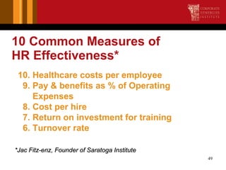 10 Common Measures of  HR Effectiveness* *Jac Fitz-enz, Founder of Saratoga Institute 10. Healthcare costs per employee 9....