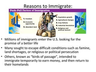 Reasons to Immigrate:
• Millions of immigrants enter the U.S. looking for the
promise of a better life
• Many sought to escape difficult conditions-such as famine,
land shortages, or religious or political persecution
• Others, known as “birds of passage”, intended to
immigrate temporarily to earn money, and then return to
their homelands
 