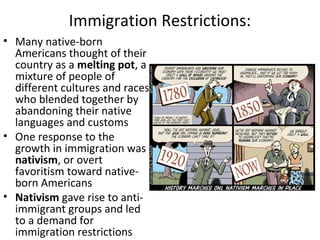 Immigration Restrictions:
• Many native-born
Americans thought of their
country as a melting pot, a
mixture of people of
different cultures and races
who blended together by
abandoning their native
languages and customs
• One response to the
growth in immigration was
nativism, or overt
favoritism toward native-
born Americans
• Nativism gave rise to anti-
immigrant groups and led
to a demand for
immigration restrictions
 