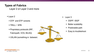 8#ATM16
Types of Fabrics
Layer 2 or Layer 3 and more
 Layer 2
 STP and STP variants
 TRILL / SPB
 Proprietary protocols (IRF,
Fabricpath, VCS, MLAG)
 VXLAN (something in between)
 Layer 3
 OSPF / BGP
 Better scalability
 Predictable path
 Easy to troubleshoot
 