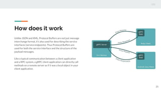 How does it work
Unlike JSON and XML, Protocol Buffers are not just message
interchange format, it’s also used for describing the service
interfaces (service endpoints). Thus Protocol Buffers are
used for both the service interface and the structure of the
payload messages.
Like a typical communication between a client application
and a RPC system, a gRPC client application can directly call
methods on a remote server as if it was a local object in your
client application.
25
 