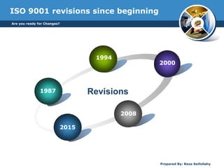 Are you ready for Changes?
Prepared By: Reza Seifollahy
ISO 9001 revisions since beginning
1987
1994
2000
2008
2015
Revisions
 