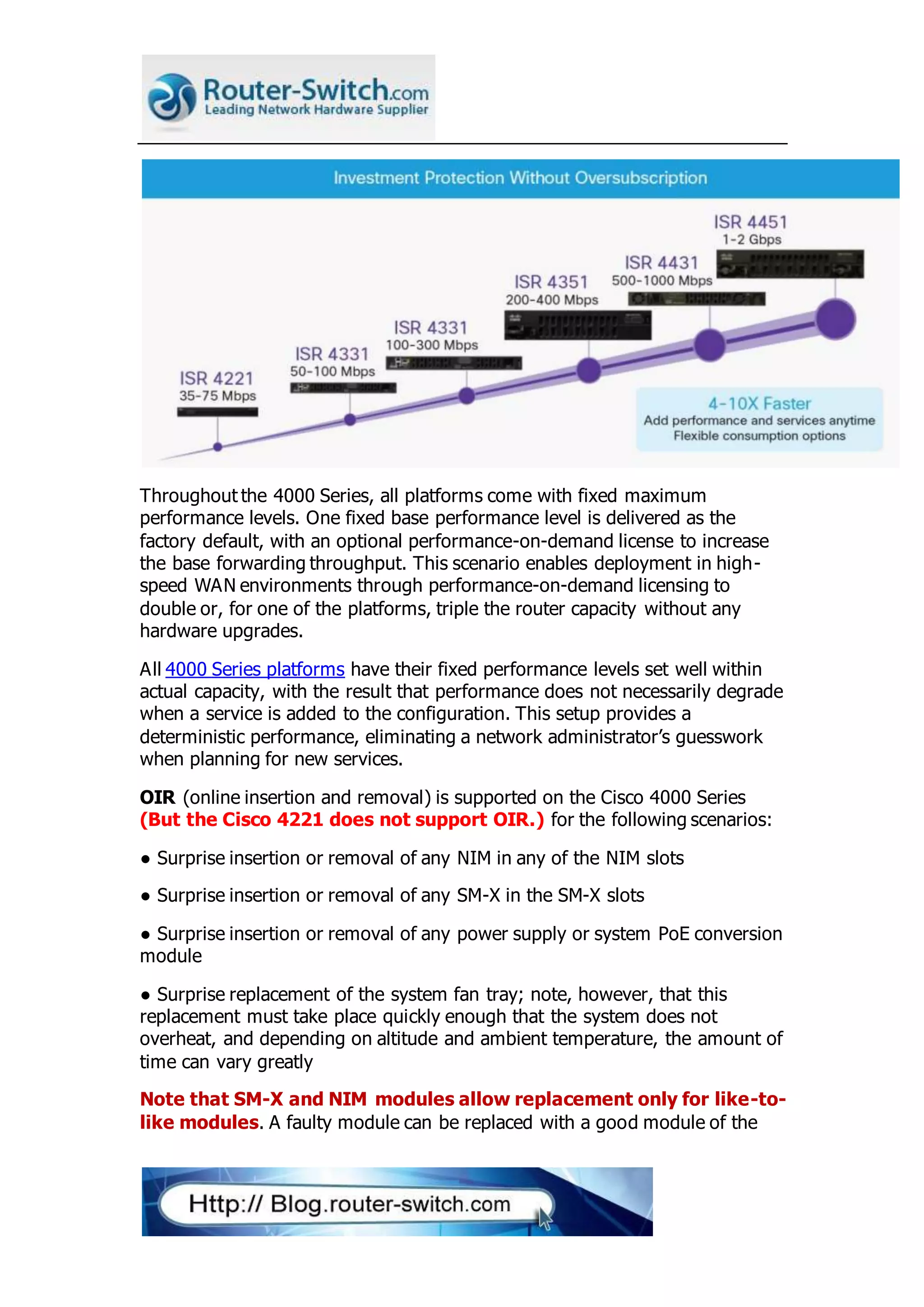 Throughout the 4000 Series, all platforms come with fixed maximum
performance levels. One fixed base performance level is delivered as the
factory default, with an optional performance-on-demand license to increase
the base forwarding throughput. This scenario enables deployment in high-
speed WAN environments through performance-on-demand licensing to
double or, for one of the platforms, triple the router capacity without any
hardware upgrades.
All 4000 Series platforms have their fixed performance levels set well within
actual capacity, with the result that performance does not necessarily degrade
when a service is added to the configuration. This setup provides a
deterministic performance, eliminating a network administrator’s guesswork
when planning for new services.
OIR (online insertion and removal) is supported on the Cisco 4000 Series
(But the Cisco 4221 does not support OIR.) for the following scenarios:
● Surprise insertion or removal of any NIM in any of the NIM slots
● Surprise insertion or removal of any SM-X in the SM-X slots
● Surprise insertion or removal of any power supply or system PoE conversion
module
● Surprise replacement of the system fan tray; note, however, that this
replacement must take place quickly enough that the system does not
overheat, and depending on altitude and ambient temperature, the amount of
time can vary greatly
Note that SM-X and NIM modules allow replacement only for like-to-
like modules. A faulty module can be replaced with a good module of the
 
