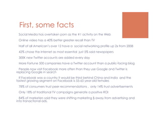First, some facts
 Social Media has overtaken porn as the #1 activity on the Web
 Online video has a 40% better greater recall than TV
 Half of all American’s over 12 have a social networking profile up 2x from 2008
 42% chose the Internet as most essential just 5% said newspapers
 300K new Twitter accounts are added every day
 More Fortune 500 companies have a Twitter account than a public-facing blog
 People now visit Facebook more often than they use Google and Twitter is
replacing Google in search
 If Facebook was a country it would be third behind China and India and the
fastest growing segment on Facebook is 55-65 year-old females
 78% of consumers trust peer recommendations , only 14% trust advertisements
 Only 18% of traditional TV campaigns generate a positive ROI
 84% of marketers said they were shifting marketing $ away from advertising and
into tranactional ads.
 
