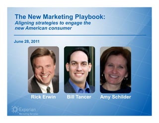 The New Marketing Playbook:
Aligning strategies to engage the
new American consumer

June 28, 2011




        Rick Erwin    Bill Tancer   Amy Schilder
 