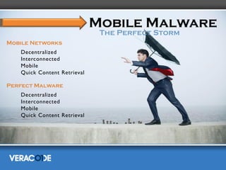 Mobile Malware
Mobile Networks
   Decentralized
   Interconnected
   Mobile
   Quick Content Retrieval

Perfect Malware
  ...