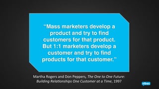 “Mass marketers develop a
product and try to ﬁnd
customers for that product.  
But 1:1 marketers develop a
customer and try to ﬁnd
products for that customer.”!
Martha	
  Rogers	
  and	
  Don	
  Peppers,	
  The	
  One	
  to	
  One	
  Future:	
  
Building	
  Rela5onships	
  One	
  Customer	
  at	
  a	
  Time,	
  1997	
  

 