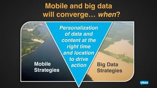 Mobile and big data  
will converge… when?!
Personalization
!
of data and
!
content at the
 
right! time
and location  
to drive  
Mobile !
Big Data 
action!
Strategies!
Strategies!
	
  

 