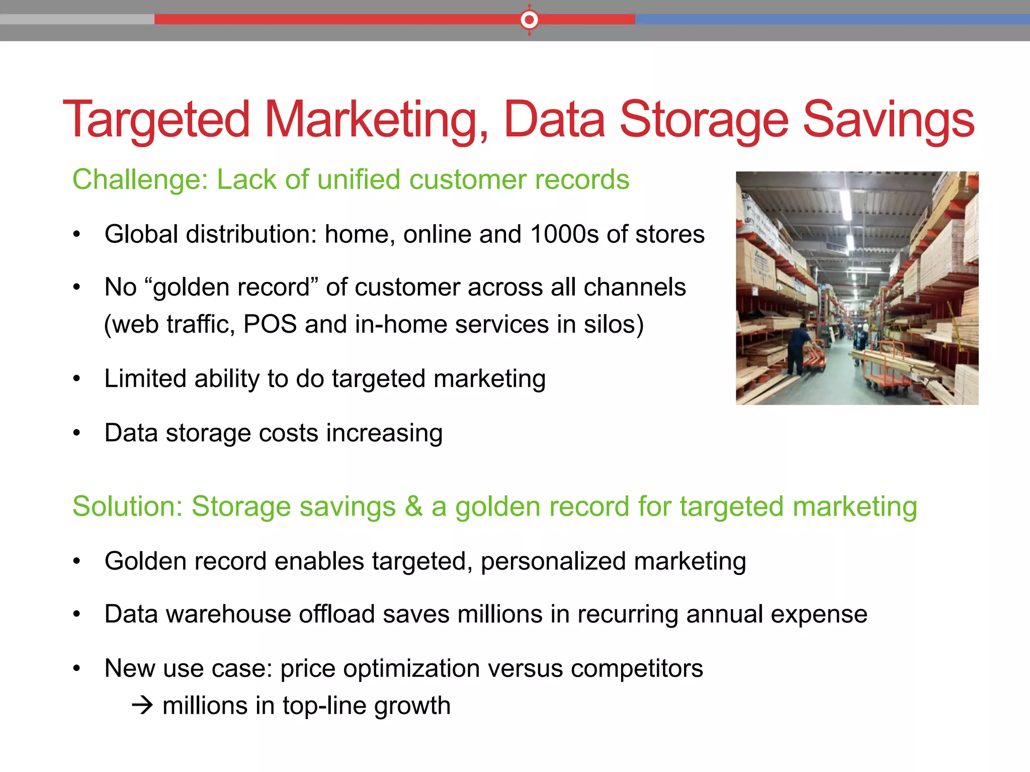 Targeted Marketing, Data Storage Savings
Challenge: Lack of unified customer records
•  Global distribution: home, online and 1000s of stores
•  No “golden record” of customer across all channels
(web traffic, POS and in-home services in silos)
•  Limited ability to do targeted marketing
•  Data storage costs increasing
Solution: Storage savings & a golden record for targeted marketing
•  Golden record enables targeted, personalized marketing
•  Data warehouse offload saves millions in recurring annual expense
•  New use case: price optimization versus competitors
à millions in top-line growth
 