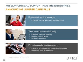 MISSION-CRITICAL SUPPORT FOR THE ENTERPRISE
     ANNOUNCING JUNIPER CARE PLUS

                                                   Designated service manager
                                                         Providing a single point of contact for support




                                                   Tools to automate and simplify
                                                         Reducing service complexity
                                                         Lowering time to repair
                                                         Increasing reliability



                                                   Education and migration support
                                                         Planning, architecture and implementation support
                                                         Operations skills development



      © 2010 Juniper Networks, Inc.   www.juniper.net

15
 