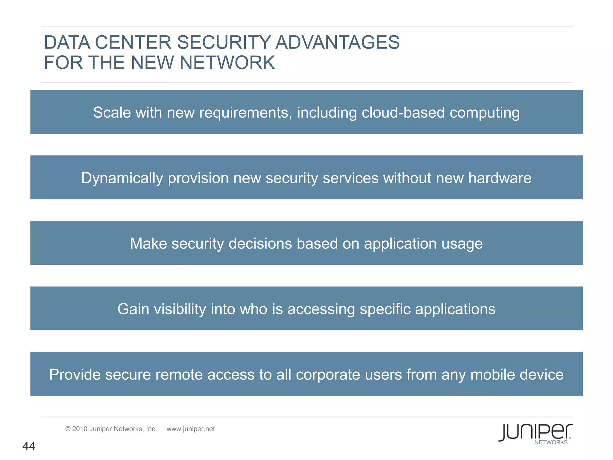DATA CENTER SECURITY ADVANTAGES
     FOR THE NEW NETWORK

               Scale with new requirements, including cloud-based computing



           Dynamically provision new security services without new hardware



                           Make security decisions based on application usage



                       Gain visibility into who is accessing specific applications



     Provide secure remote access to all corporate users from any mobile device


       © 2010 Juniper Networks, Inc.   www.juniper.net

44
 