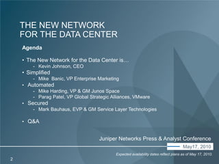 THE NEW NETWORK
    FOR THE DATA CENTER
    Agenda

    • The New Network for the Data Center is…
            - Kevin Johnson, CEO
    • Simplified
            - Mike Banic, VP Enterprise Marketing
    • Automated
        - Mike Harding, VP & GM Junos Space
        - Parag Patel, VP Global Strategic Alliances, VMware
    • Secured
        - Mark Bauhaus, EVP & GM Service Layer Technologies

    • Q&A


                                                      Juniper Networks Press & Analyst Conference
                                                                                                      May17, 2010
    © 2010 Juniper Networks, Inc.   www.juniper.net
                                                            Expected availability dates reflect plans as of May 17, 2010.
2
 