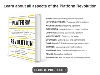 TODAY: Welcome to the platform revolution
NETWORK EFFECTS: The power of the platform
ARCHITECTURE: Designing a platform
DI...