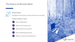 14
The Nature of Remote Work
Things to keep in mind…
Access to global talent
Reduce time to travel to work
Positive impact on environment
Fewer networking opportunities
Changing the central location of work away from the usual office
Remote Work
Difficult to supervise and evaluate work
 