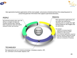Next-generation business applications will be more people- and process-oriented and have the computing power to
                           proactively generate information that supports operational decisions.


PEOPLE                                                                             PROCESS
                                                                                        Next-generation applications are
Self-directed analytics give users the
ability to navigate through and                                                         not static but interactive,
visualize business data, allowing                                                       allowing users to couple the right
them to generate views and reports                                                      actions based on the insights that
relevant to their job function.                                                         are delivered.

                                                                                        For example :
                                                           Business                     - analytics on browser-based BI
                                                                                           applications allow the mobile
                                                           Analytics
                                                                                           workforce to take actions ;
                                                                                        - in an inventory application, proactive
                                                                                           decision-making is supported through
                                                                                           real-time information about which
                                                                                           items are running low in inventory.




     TECHNOLOGY
    New approaches such as in-memory processing, in-database analytics, CEP,
    etc. contribute to the broader adoption of BI.

                                                                                                                      43
 