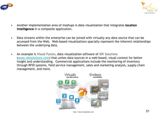 •   Another implementation area of mashups is data visualization that integrates location
    intelligence in a composite application.

•   Data streams within the enterprise can be joined with virtually any data source that can be
    accessed from the Web. Web-based visualizations spacially represent the inherent relationships
    between the underlying data.

•   An example is Visual Fusion, data visualization software of IDV Solutions
    (www.idvsolutions.com) that unites data sources in a web-based, visual context for better
    insight and understanding. Commercial applications include the monitoring of inventory
    through RFID systems, field service management, sales and marketing analysis, supply chain
    management, and more.




                                           http://www.idvsolutions.com                           51
 