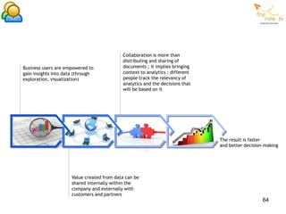 Collaboration is more than
                                            distributing and sharing of
Business users are empowered to             documents ; it implies bringing
gain insights into data (through            context to analytics : different
exploration, visualization)                 people track the relevancy of
                                            analytics and the decisions that
                                            will be based on it




                                                                               The result is faster
                                                                               and better decision-making




                      Value created from data can be
                      shared internally within the
                      company and externally with
                      customers and partners
                                                                                                  64
 