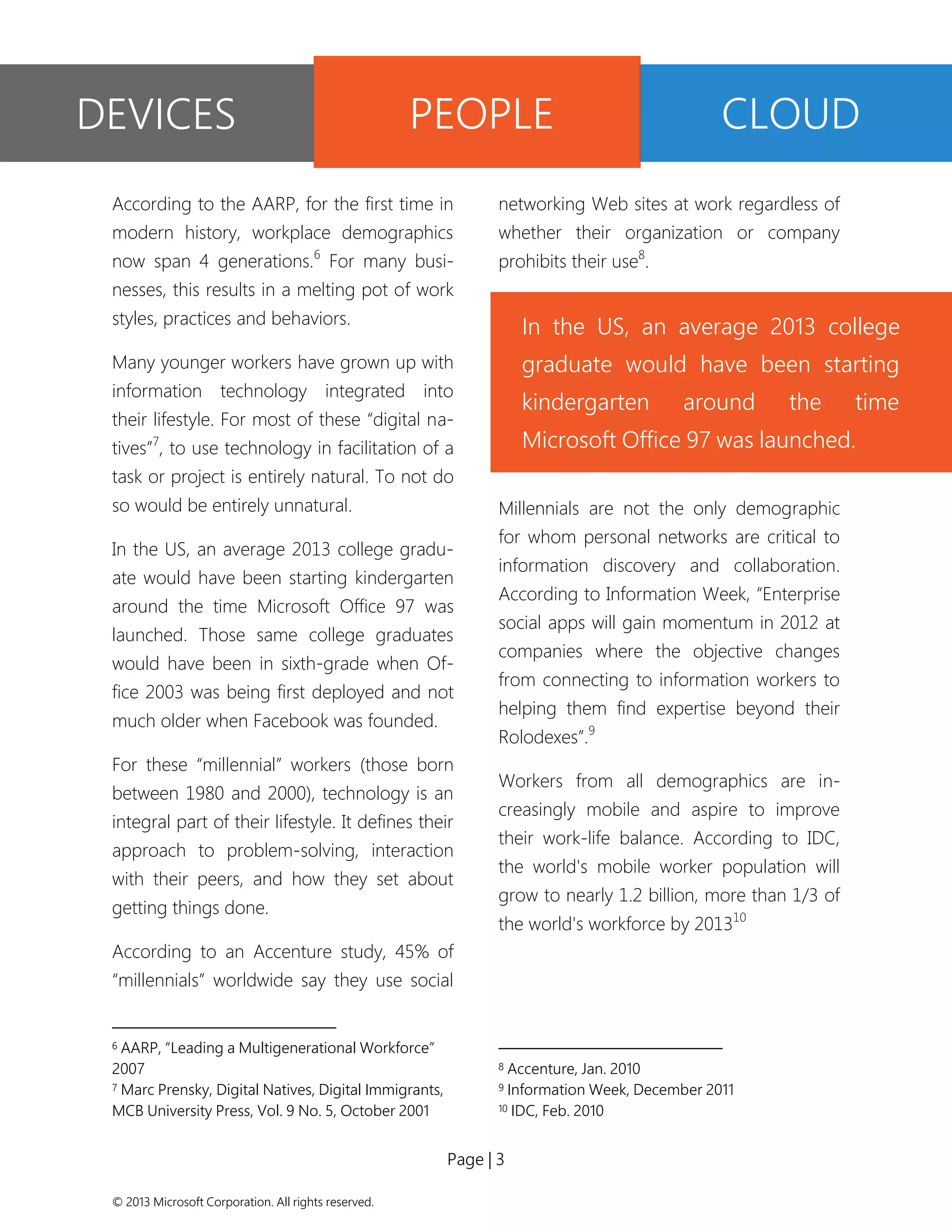 Page | 3 
© 2013 Microsoft Corporation. All rights reserved. 
According to the AARP, for the first time in modern history, workplace demographics now span 4 generations.6 For many busi- nesses, this results in a melting pot of work styles, practices and behaviors. 
Many younger workers have grown up with information technology integrated into their lifestyle. For most of these “digital na- tives”7, to use technology in facilitation of a task or project is entirely natural. To not do so would be entirely unnatural. 
In the US, an average 2013 college gradu- ate would have been starting kindergarten around the time Microsoft Office 97 was launched. Those same college graduates would have been in sixth-grade when Of- fice 2003 was being first deployed and not much older when Facebook was founded. 
For these “millennial” workers (those born between 1980 and 2000), technology is an integral part of their lifestyle. It defines their approach to problem-solving, interaction with their peers, and how they set about getting things done. 
According to an Accenture study, 45% of “millennials” worldwide say they use social 
6 AARP, “Leading a Multigenerational Workforce” 2007 
7 Marc Prensky, Digital Natives, Digital Immigrants, MCB University Press, Vol. 9 No. 5, October 2001 
networking Web sites at work regardless of whether their organization or company prohibits their use8. 
Millennials are not the only demographic for whom personal networks are critical to information discovery and collaboration. According to Information Week, “Enterprise social apps will gain momentum in 2012 at companies where the objective changes from connecting to information workers to helping them find expertise beyond their Rolodexes”.9 
Workers from all demographics are in- creasingly mobile and aspire to improve their work-life balance. According to IDC, the world's mobile worker population will grow to nearly 1.2 billion, more than 1/3 of the world's workforce by 201310 
8 Accenture, Jan. 2010 
9 Information Week, December 2011 
10 IDC, Feb. 2010 
DEVICES 
PEOPLE 
CLOUD 
In the US, an average 2013 college graduate would have been starting kindergarten around the time Microsoft Office 97 was launched.  