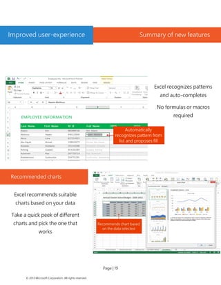Page | 19 
© 2013 Microsoft Corporation. All rights reserved. 
Excel recognizes patterns and auto-completes 
No formulas or macros required 
Recommended charts 
Excel recommends suitable charts based on your data 
Take a quick peek of different charts and pick the one that works 
Improved user-experience 
Summary of new features  