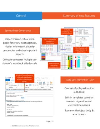 Page | 22 
© 2013 Microsoft Corporation. All rights reserved. 
Spreadsheet Governance 
Inspect mission critical work- books for errors, inconsistencies, hidden information, data de- pendencies, and other important aspects. 
Compare compares multiple ver- sions of a workbook side-by-side. 
Data Loss Prevention (DLP) 
Contextual policy education in Outlook 
Built-in templates based on common regulations and extensible templates 
Scan e-mail subject, body & attachments 
Organization wide, rich re- porting 
Control 
Summary of new features  