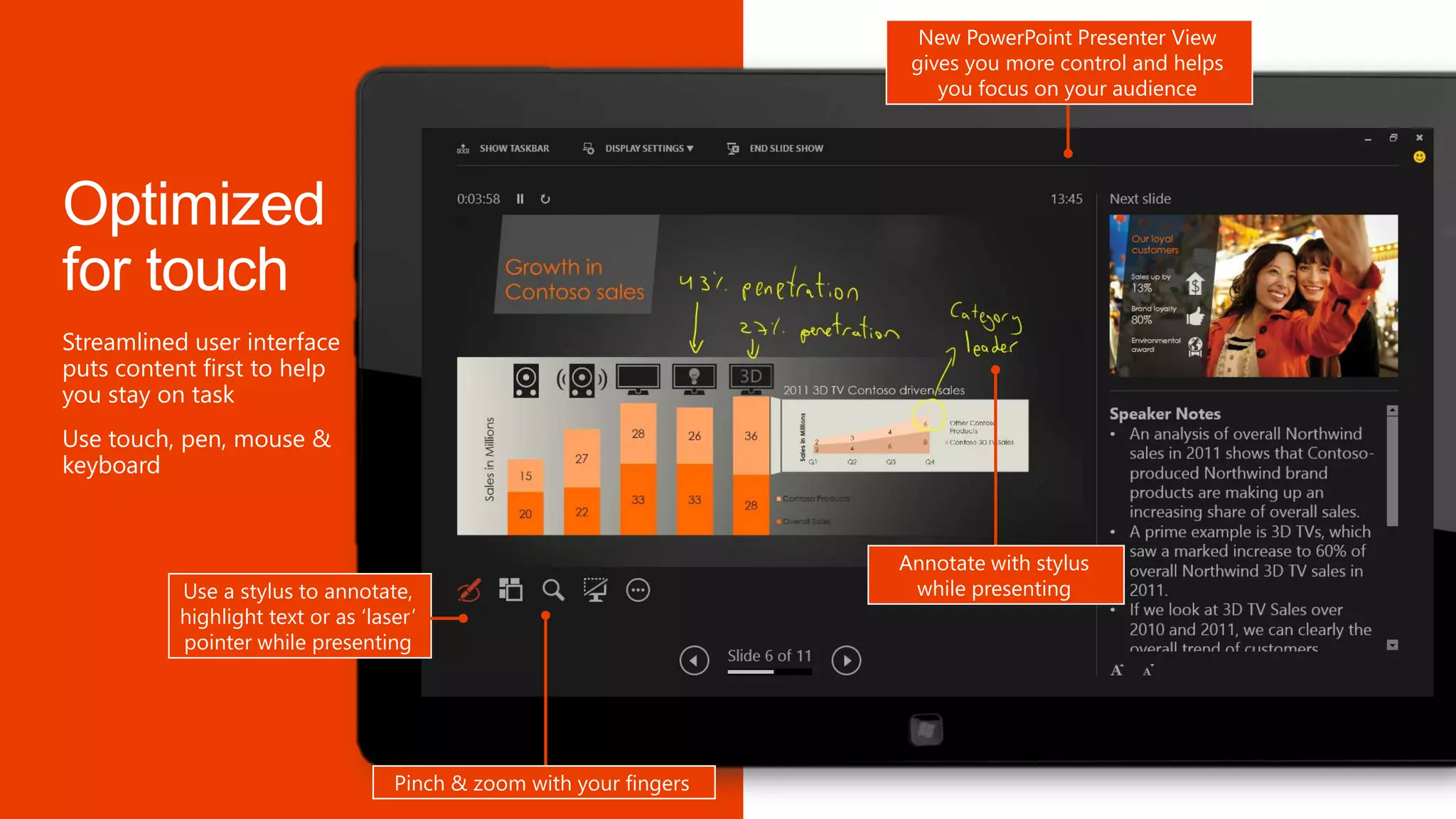 Annotate with stylus
while presenting
New PowerPoint Presenter View
gives you more control and helps
you focus on your audience
Pinch & zoom with your fingers
Use a stylus to annotate,
highlight text or as „laser‟
pointer while presenting
 