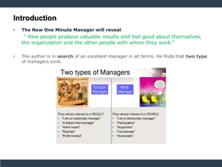 Introduction
• The New One Minute Manager will reveal:
“ How people produce valuable results and feel good about themselves,
the organization and the other people with whom they work.”
• The author is in search of an excellent manager in all terms. He finds that two type
of managers exist.
 