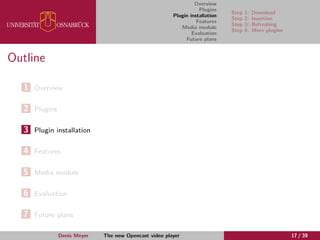 Overview
Plugins
Plugin installation
Features
Media module
Evaluation
Future plans
Step 1: Download
Step 2: Insertion
Step 3: Refreshing
Step 4: More plugins
Outline
1 Overview
2 Plugins
3 Plugin installation
4 Features
5 Media module
6 Evaluation
7 Future plans
Denis Meyer The new Opencast video player 17 / 39
 