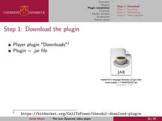 Overview
Plugins
Plugin installation
Features
Media module
Evaluation
Future plans
Step 1: Download
Step 2: Insertion
Step 3: Refreshing
Step 4: More plugins
Step 1: Download the plugin
Player plugin "Downloads"1
Plugin = .jar ﬁle
1
https://bitbucket.org/CallToPower/theodul-download-plugin
Denis Meyer The new Opencast video player 18 / 39
 