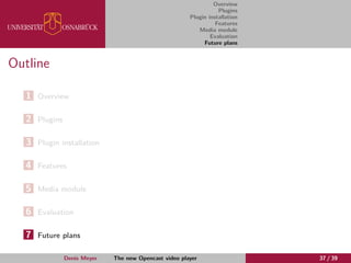 Overview
Plugins
Plugin installation
Features
Media module
Evaluation
Future plans
Outline
1 Overview
2 Plugins
3 Plugin installation
4 Features
5 Media module
6 Evaluation
7 Future plans
Denis Meyer The new Opencast video player 37 / 39
 