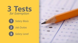 z
3 Testsfor Exemption
1 Salary Basis
2 Job Duties
3 Salary Level
 