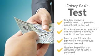 z
Salary Basis
Test
Regularly receives a
predetermined compensation
amount each pay period
Compensation cannot be reduced
due to variations in quality or
quantity of work performed
Must be paid full salary for
any week in which employee
performs any work
Need not be paid for any
workweek when no work is
performed
 
