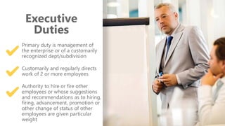 z
Executive
Duties
Primary duty is management of
the enterprise or of a customarily
recognized dept/subdivision
Customarily and regularly directs
work of 2 or more employees
Authority to hire or fire other
employees or whose suggestions
and recommendations as to hiring,
firing, advancement, promotion or
other change of status of other
employees are given particular
weight
 