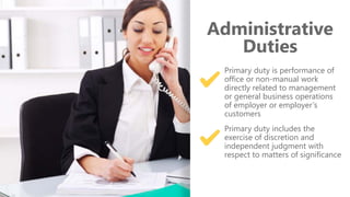 z
Administrative
Duties
Primary duty is performance of
office or non-manual work
directly related to management
or general business operations
of employer or employer’s
customers
Primary duty includes the
exercise of discretion and
independent judgment with
respect to matters of significance
 