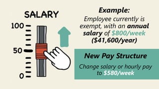 z
Employee currently is
exempt, with an annual
salary of $800/week
($41,600/year)
New Pay Structure
Change salary or hourly pay
to $580/week
Example:
 