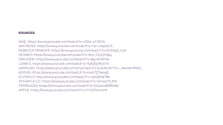 SOURCES:
NIKE: https: //www.youtube.com/watch?v=xD5e-aFYDKU
WAITROSE: https://www.youtube.com/watch?v=Tw-LdajKeGE
REBECCA MINKOFF: https://www.youtube.com/watch?v=6G3JIyG_GeY
HERMES: https://www.youtube.com/watch?v=6m_DDQ1nj6g
DRESDEN: https://www.youtube.com/watch?v=Bju5rMiFlsk
LOWE’S: https://www.youtube.com/watch?v=KAQ0y19uEYo
SAMSUNG: https://www.youtube.com/channel/UCDvUE8crK1TYU-_AaH4mMAQ
ADIDAS: https://www.youtube.com/watch?v=nost7D7kwgE
OLYMPUS: https://www.youtube.com/watch?v=u41tI8IW78k
TIFFANY & CO.: https://www.youtube.com/watch?v=Smsw7JLlfHI
STARBUCKS: https://www.youtube.com/watch?v=DCamd289VWc
APPLE: https://www.youtube.com/watch?v=M-1GPznHrrM
 
