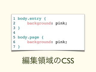 1   body.entry {
2       background: pink;
3   }
4
5   body.page {
6       background: pink;
7   }


     編集領域のCSS
 