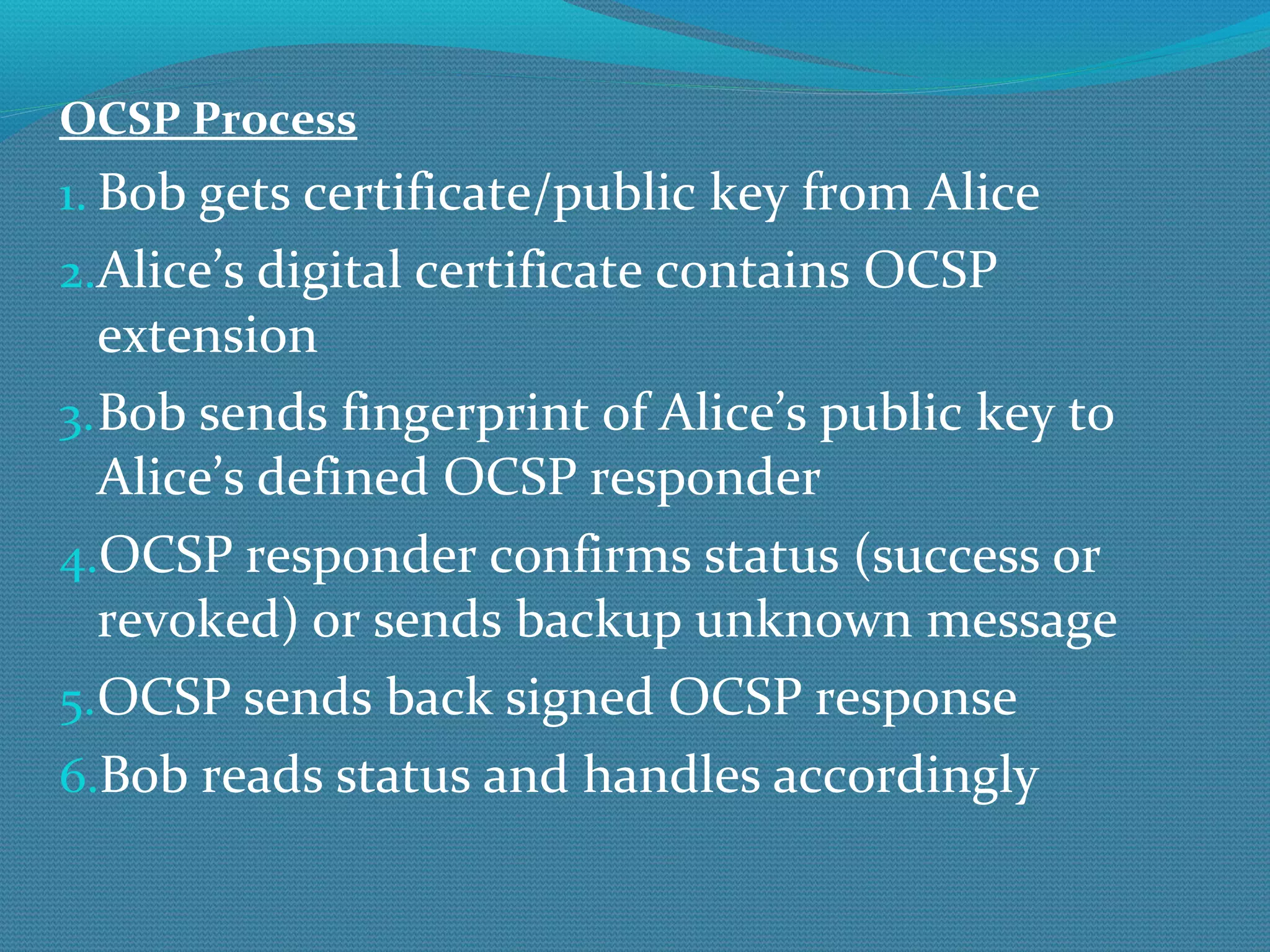 OCSP Process Bob gets certificate/public key from Alice Alice’s digital certificate contains OCSP extension Bob sends fingerprint of Alice’s public key to Alice’s defined OCSP responder OCSP responder confirms status (success or revoked) or sends backup unknown message OCSP sends back signed OCSP response Bob reads status and handles accordingly 