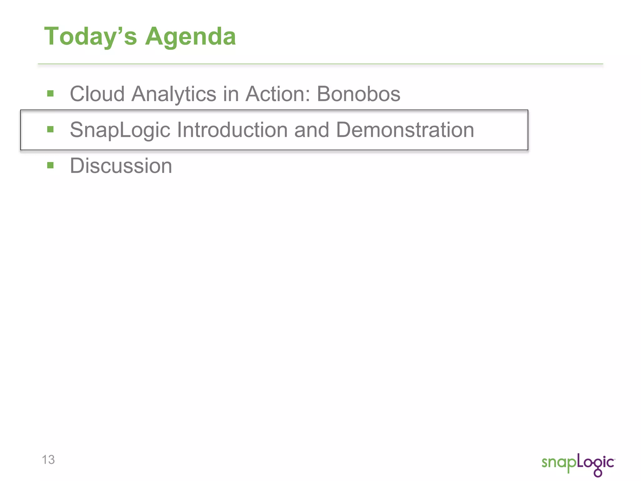 Today’s Agenda 
 Cloud Analytics in Action: Bonobos 
 SnapLogic Introduction and Demonstration 
 Discussion 
13 
 