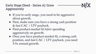 Early Stage (Seed - Series A): Grow
Aggressively
NFX 8
● If you’re early stage, you need to be aggressive
about growth.
● ...