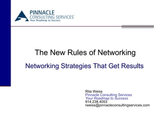 The New Rules of Networking
Networking Strategies That Get Results


                   Rita Weiss
                   Pinnacle Consulting Services
                   Your Roadmap to Success
                   914.238.4053
                   rweiss@pinnacleconsultingservices.com
 