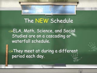 The NEW Schedule
?ELA, Math, Science, and Social
Studies are on a cascading or
waterfall schedule.
?They meet at during a different
period each day.
 