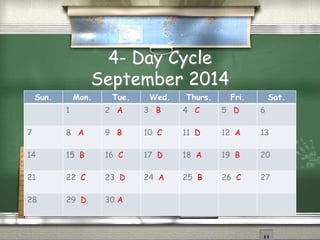 4- Day Cycle
September 2014
Sun. Mon. Tue. Wed. Thurs. Fri. Sat.
1 2 A 3 B 4 C 5 D 6
7 8 A 9 B 10 C 11 D 12 A 13
14 15 B 16 C 17 D 18 A 19 B 20
21 22 C 23 D 24 A 25 B 26 C 27
28 29 D 30 A
 